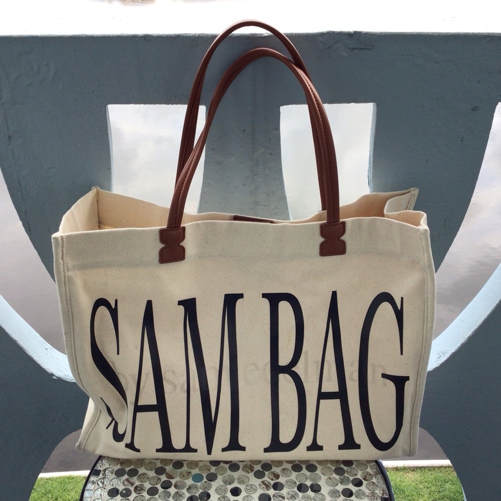 Sam Bag by Sam Edelman Canvas Shopper Tote with Brown Faux Leather Handles